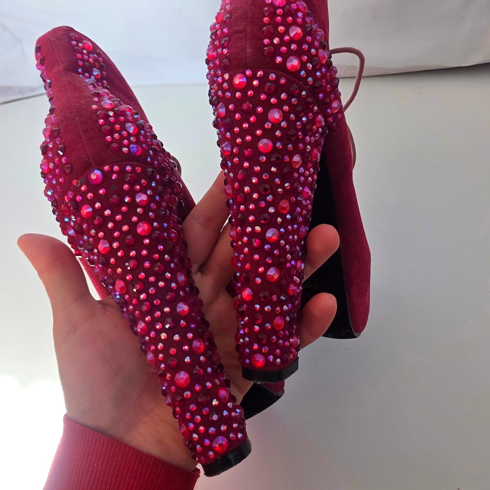 Bella‎ Luna Women's Red Suede Rhinestone Lace Up Platform Heel Boots Size 5.5